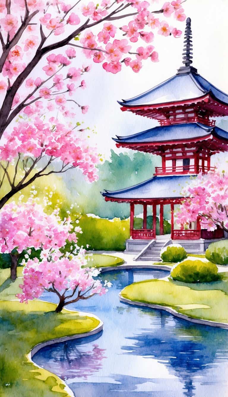 A serene Japanese garden with cherry blossoms in full bloom, framed by a traditional pagoda and a tranquil pond