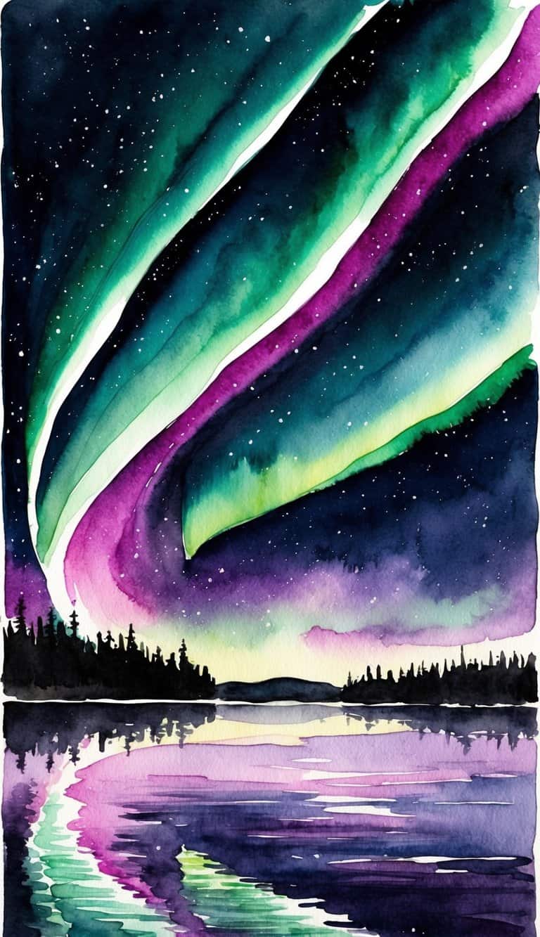 Vibrant green and purple Aurora Borealis lights dance across a dark night sky, reflecting off a calm body of water below