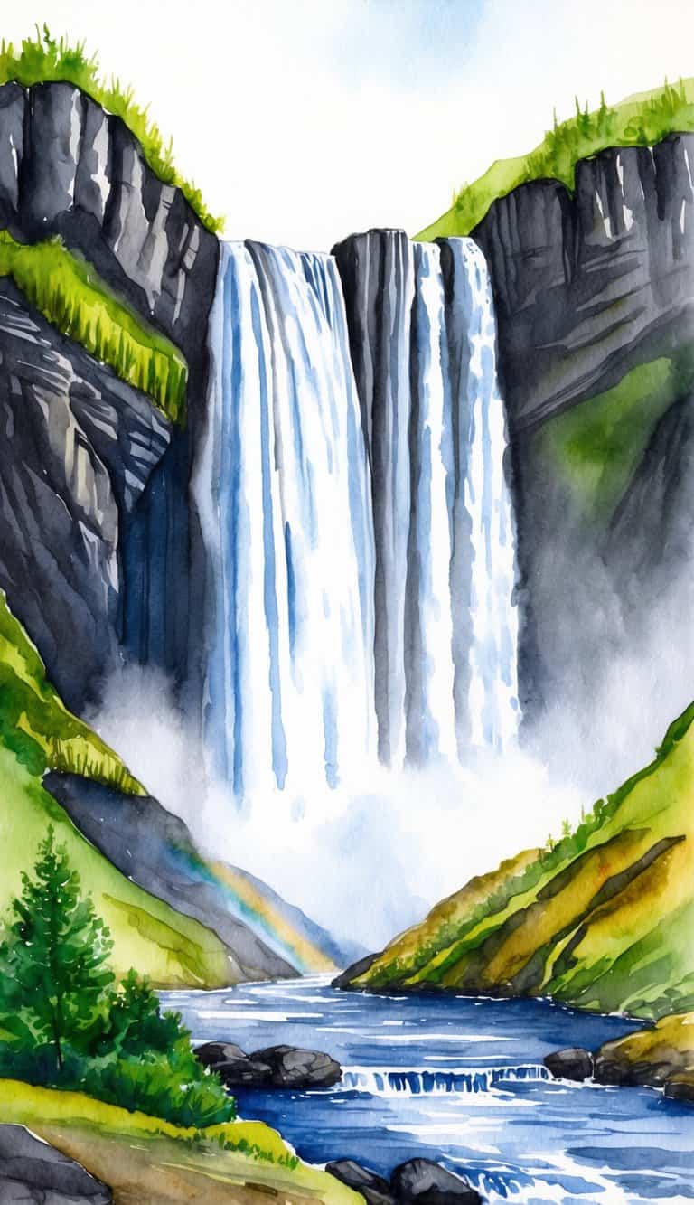 A majestic waterfall in Iceland cascades down rocky cliffs, surrounded by lush greenery and misty spray