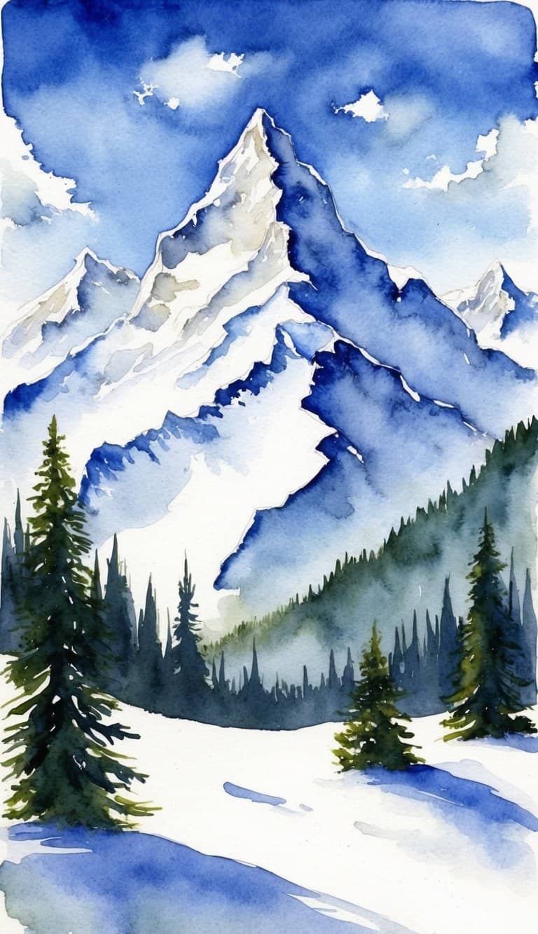 Snowy peaks of the Alps with a clear blue sky and scattered clouds, surrounded by pine trees and a peaceful, snow-covered landscape