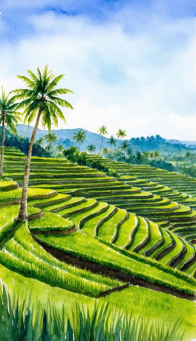 A landscape of green terraced rice fields with palm trees and hills in the background under a blue sky.