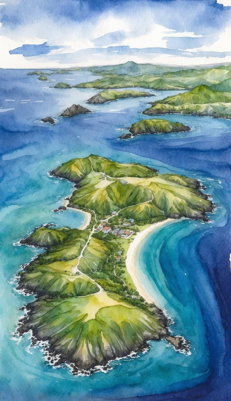 Aerial view of Galapagos Islands with clear blue waters and lush green landscapes