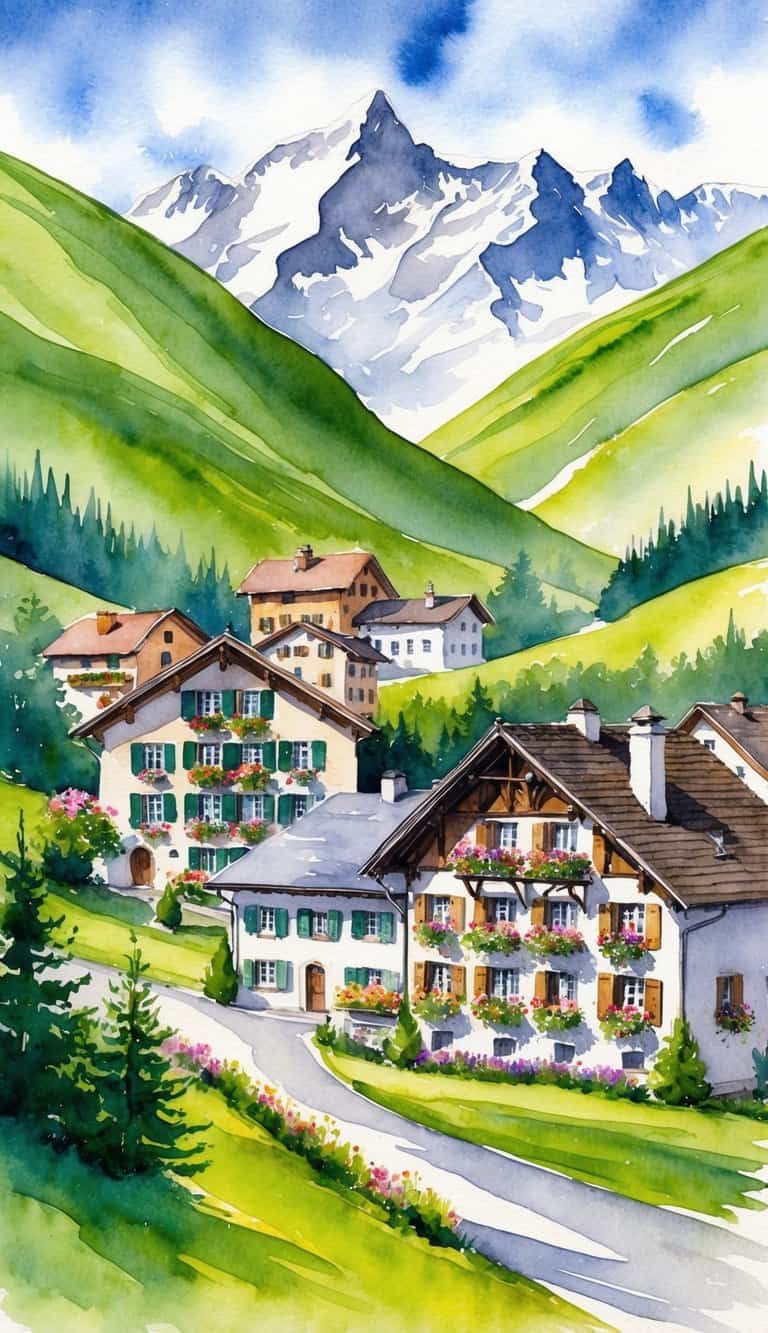A picturesque Swiss village nestled among rolling green hills and snow-capped mountains, with charming chalet-style buildings and colorful flower boxes