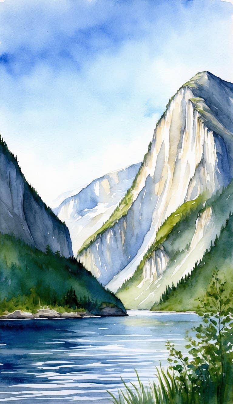 A serene fjord landscape with towering cliffs, calm waters, and lush greenery under a clear blue sky