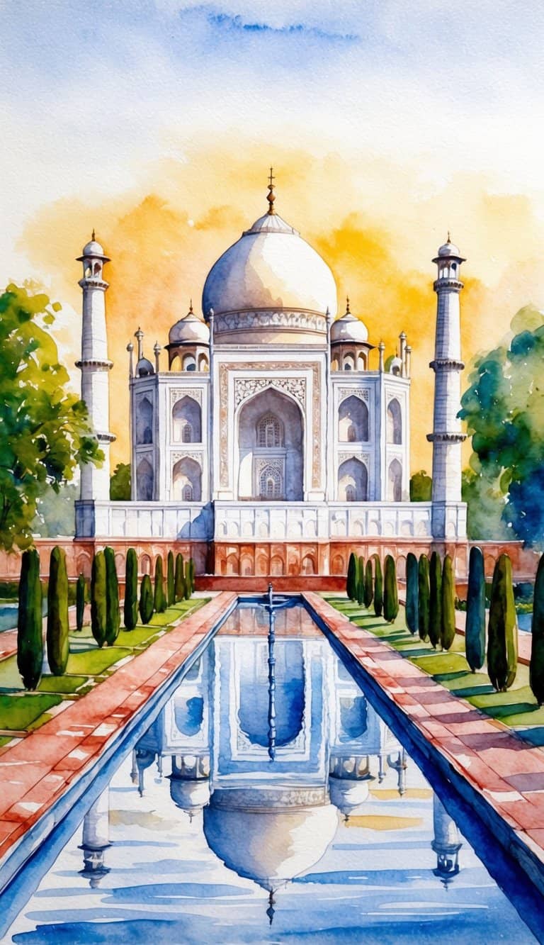 The Taj Mahal at sunrise, surrounded by lush gardens and reflecting in a calm pool