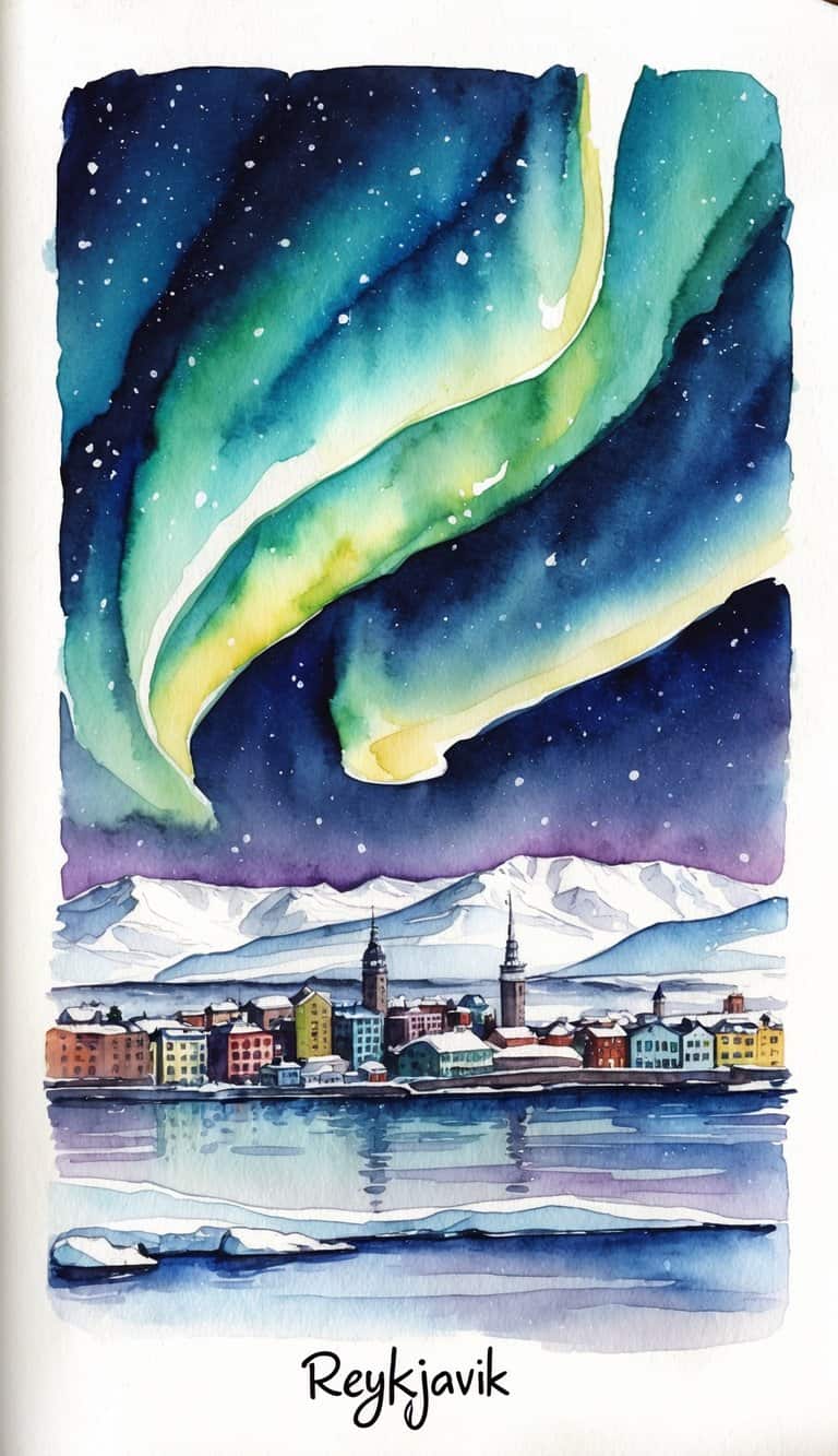 Aurora borealis over Reykjavik skyline with snow-covered mountains in the background