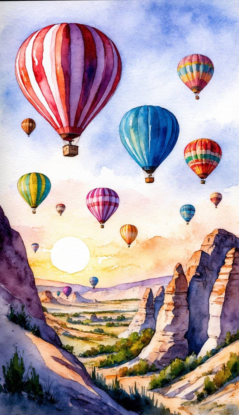 A rocky landscape in Cappadocia with colorful hot air balloons floating in the sky at sunrise