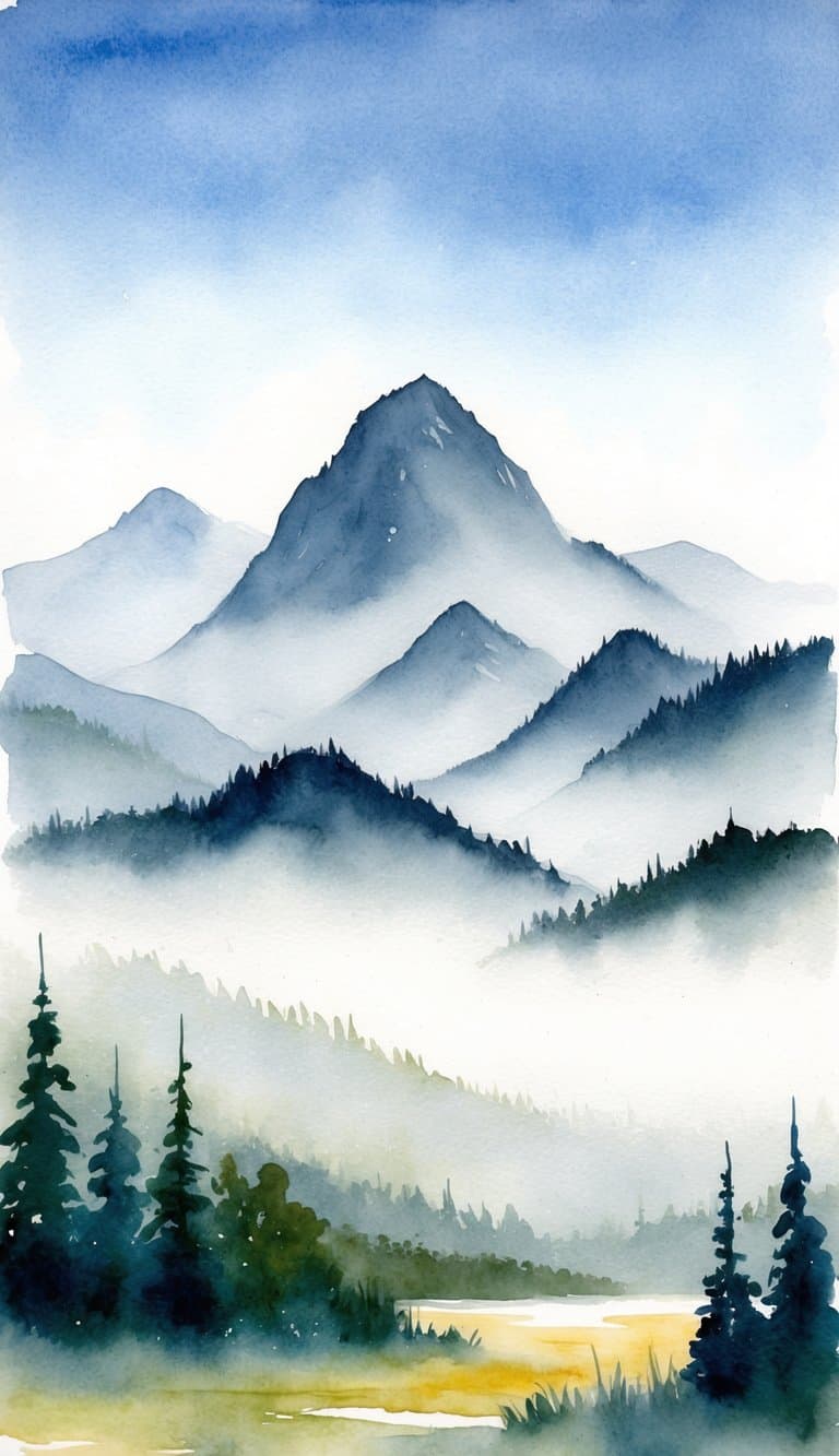 A range of misty mountains towering over a serene landscape, with a soft, hazy atmosphere and a clear blue sky above