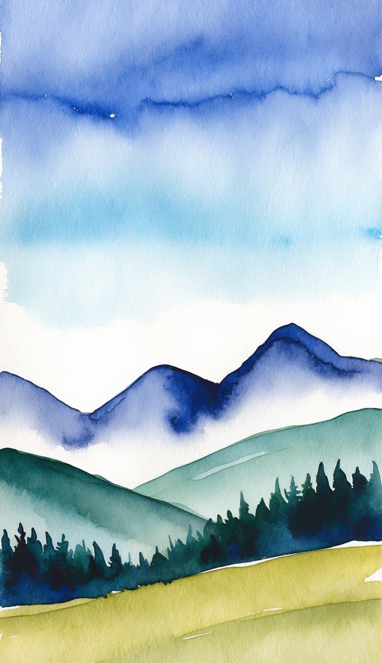A serene mountain landscape with a clear blue sky, rolling hills, and a peaceful atmosphere