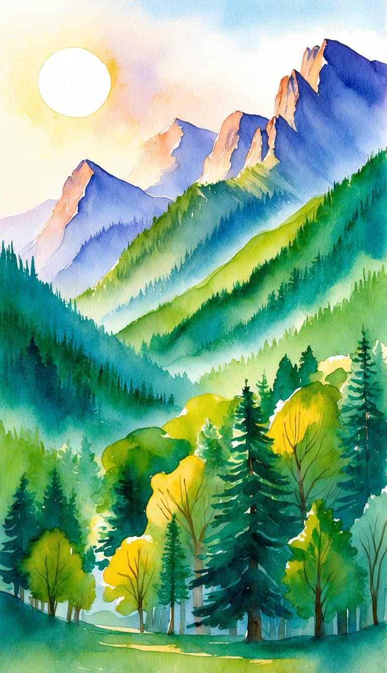 Watercolor painting of a sunlit mountain landscape with pine trees in the foreground, green hills, and rugged peaks under a bright sky.