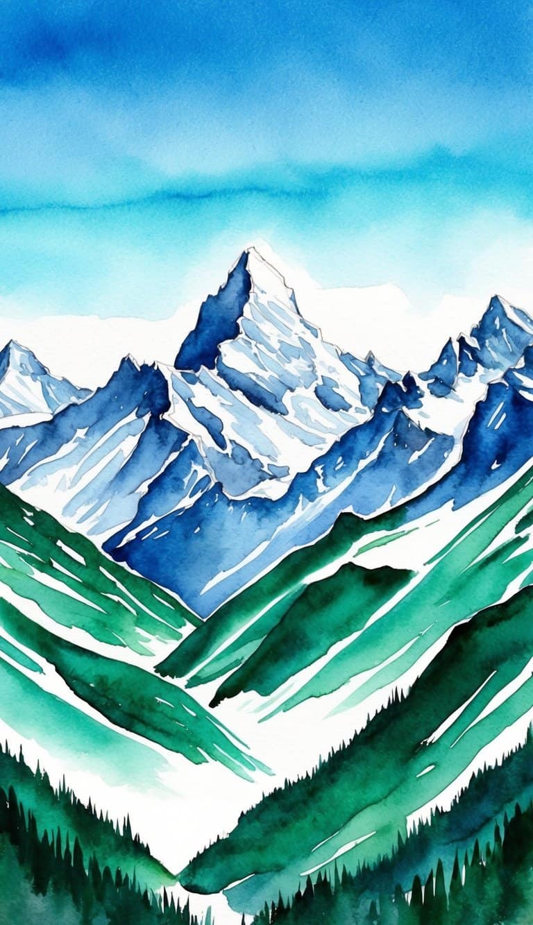 A breathtaking view of Emerald Peaks, with snow-capped mountains and a clear blue sky, perfect for an iPhone wallpaper