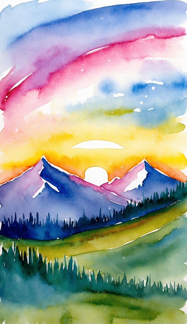 A serene sunrise at the mountain summit, with vibrant colors and a clear view of the landscape
