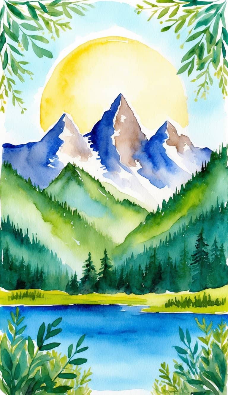 A serene mountain landscape with a clear blue lake and towering peaks, surrounded by lush greenery and a bright, sunny sky