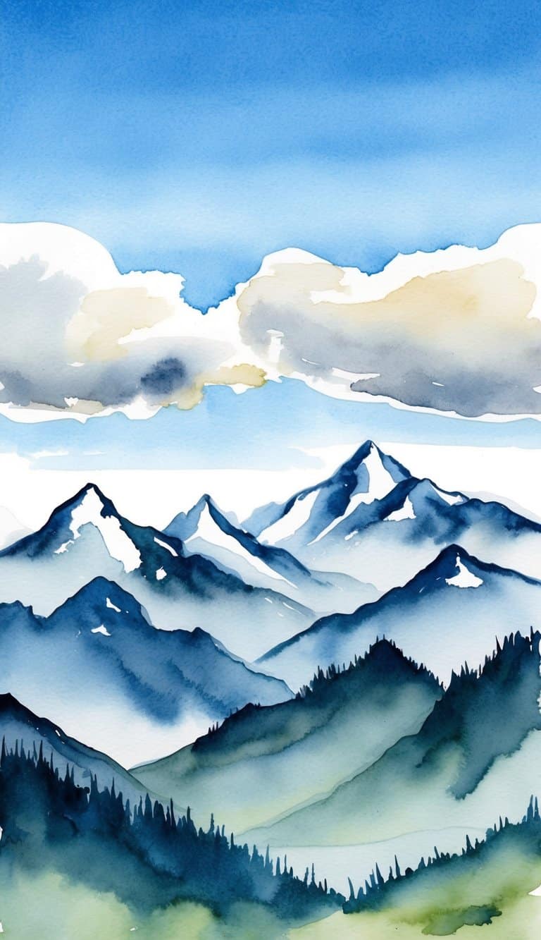 A mountain range with cloudy peaks in the background, framed by a clear blue sky, with space for an iPhone wallpaper