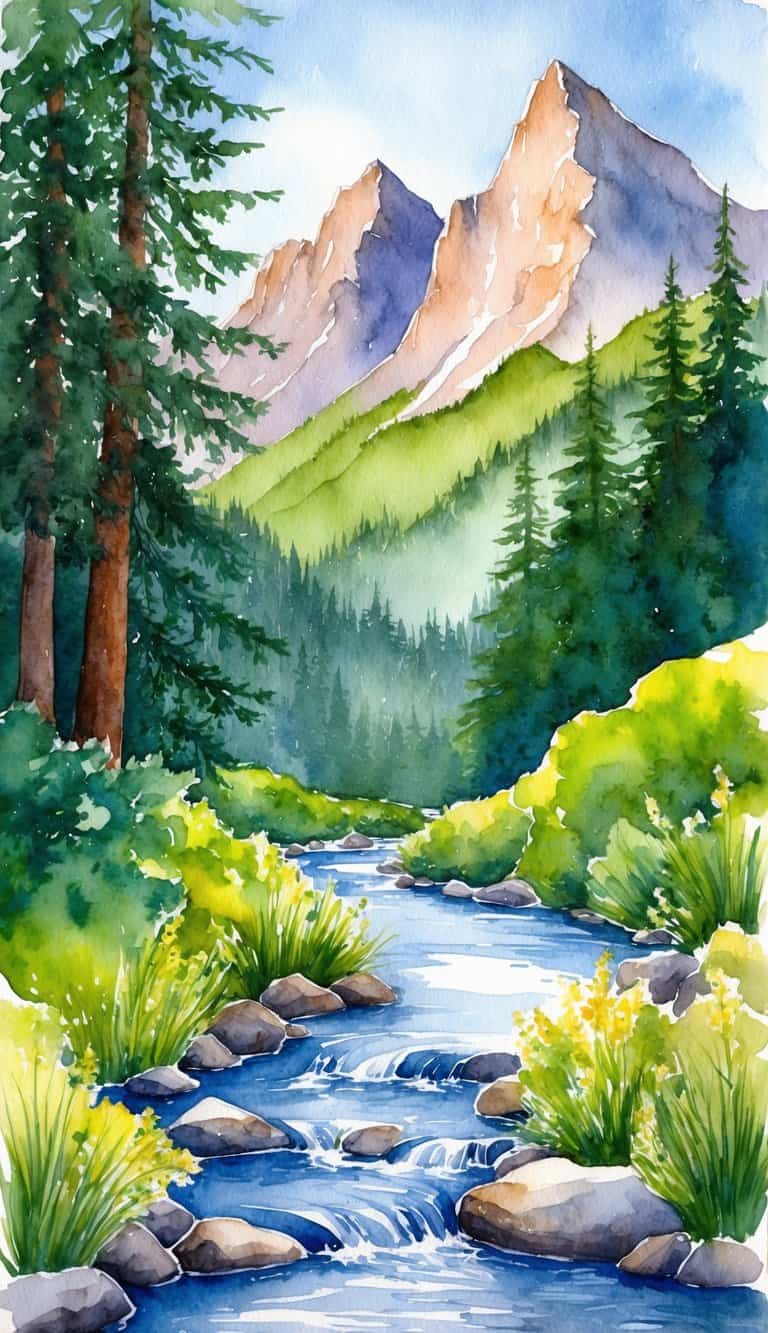 A crystal-clear mountain stream flows through a lush forest, with towering peaks in the background