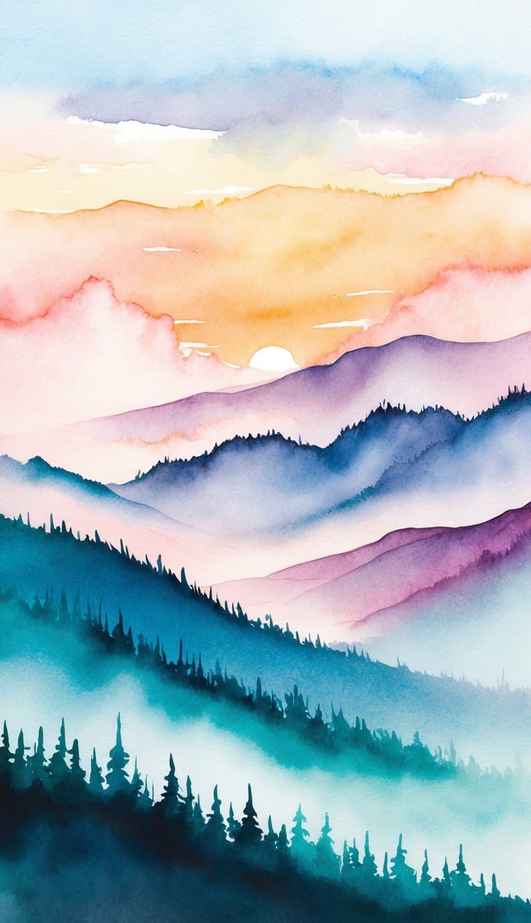 A peaceful mountain ridge at dawn, with layers of mist and vibrant colors, perfect for iPhone wallpapers