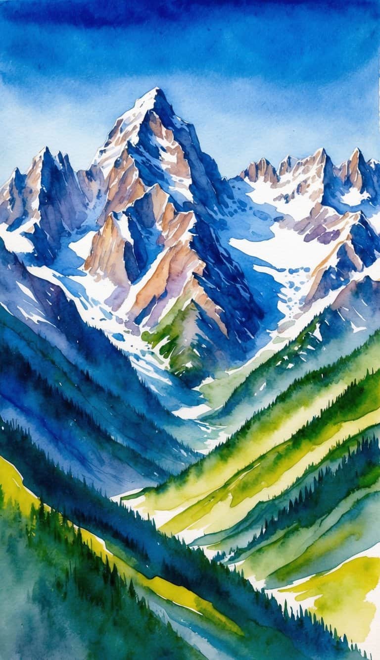 A breathtaking view of the jagged Andes mountains under a clear blue sky, with snow-capped peaks and lush green valleys