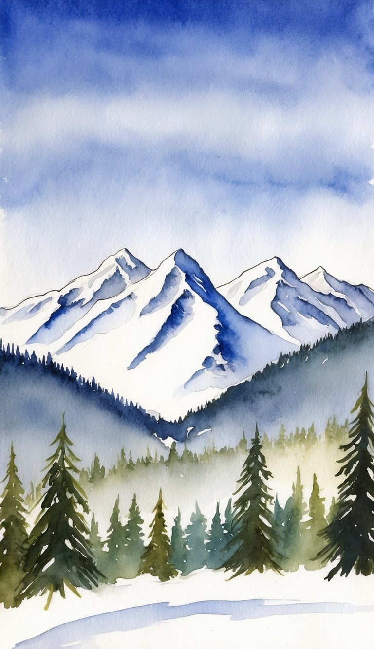 A panoramic view of snow-capped mountains under a clear blue sky, with pine trees dotting the landscape