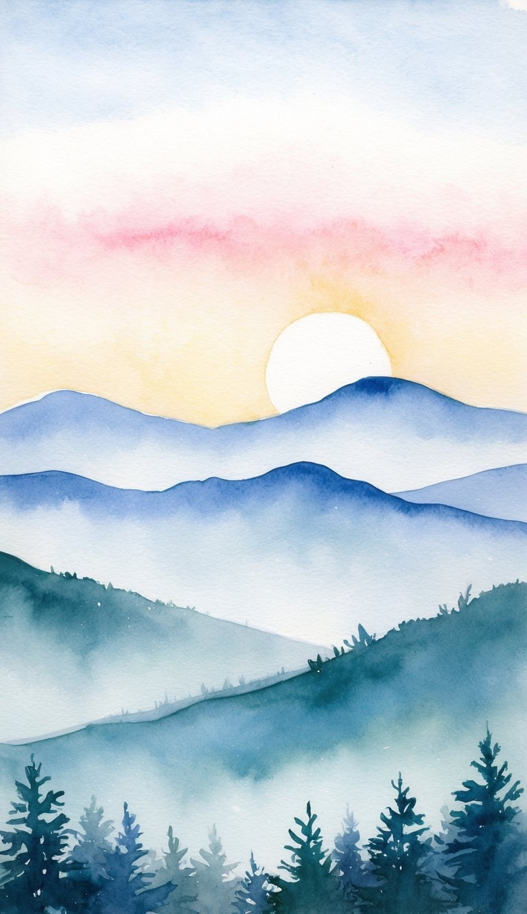 A serene dawn over the Blue Ridge Mountains, with soft, pastel colors and a calm, misty atmosphere