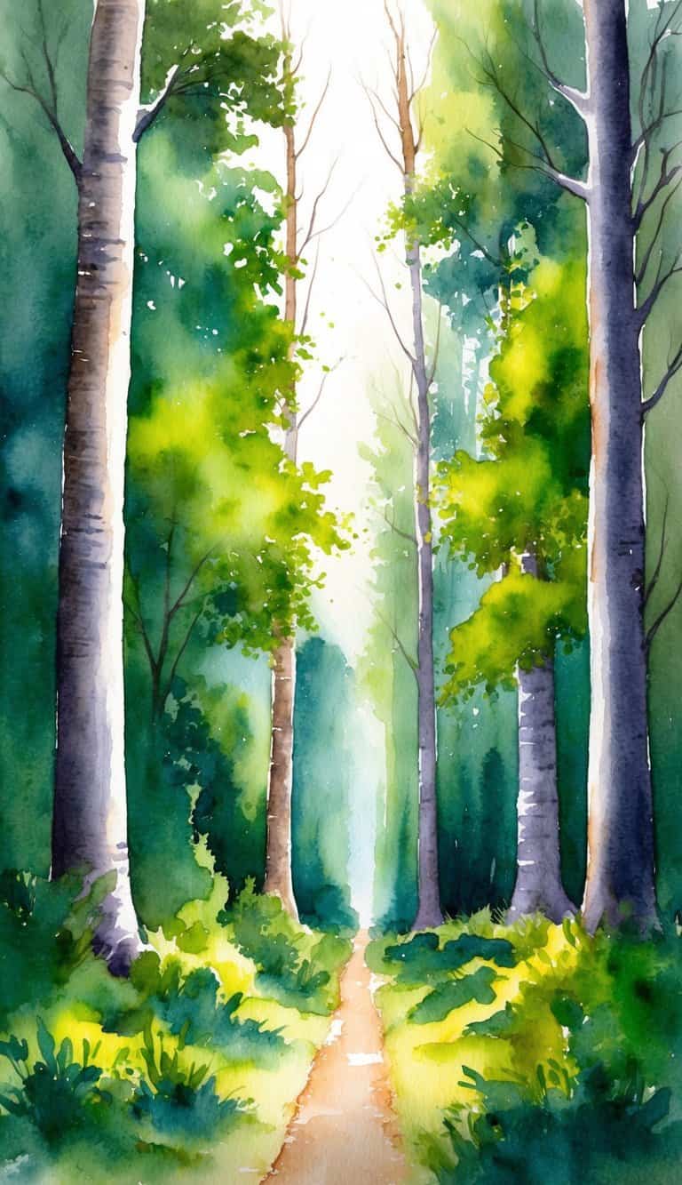 A dense forest with tall trees, lush green foliage, and a clear path leading into the distance