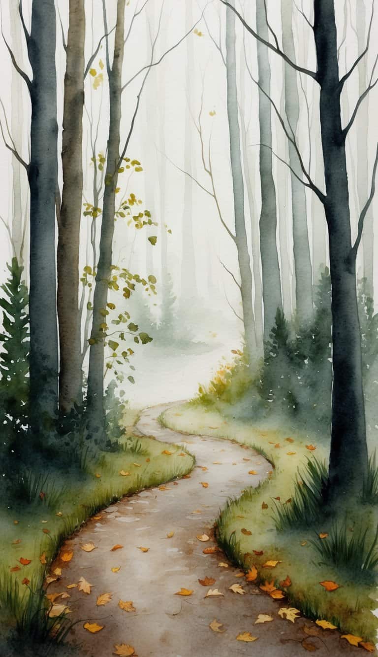 A winding woodland pathway shrouded in mist, with tall trees and scattered fallen leaves