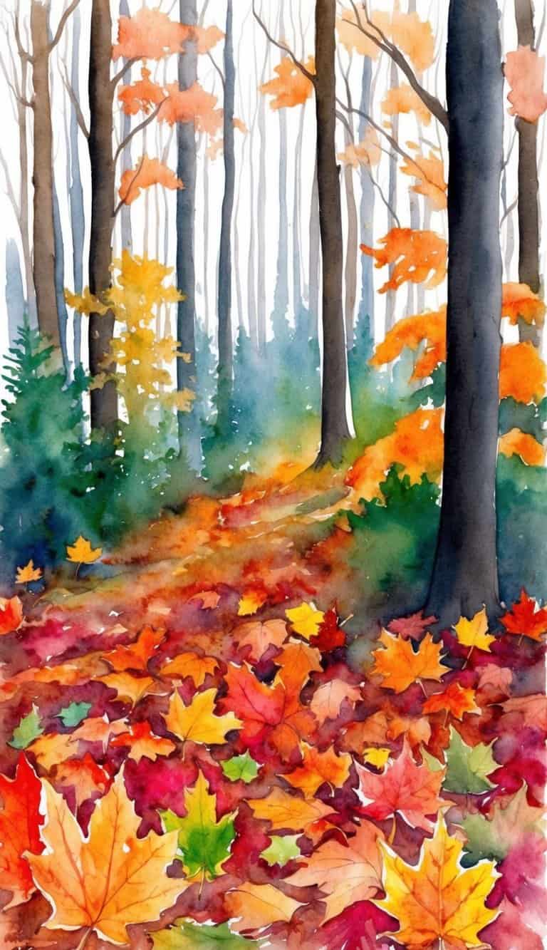 Vibrant autumn leaves cover the forest floor, with tall trees in the background