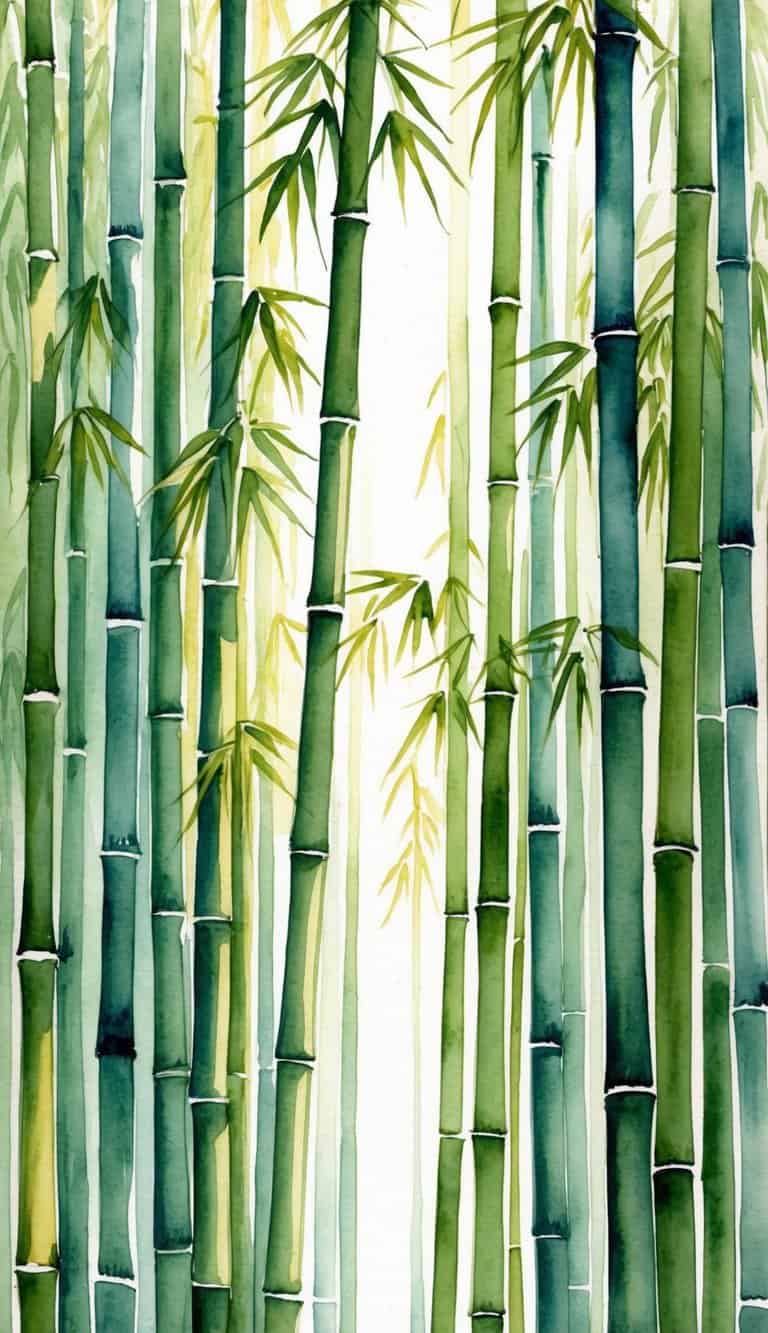 A serene bamboo forest with sunlight filtering through the tall, slender stalks