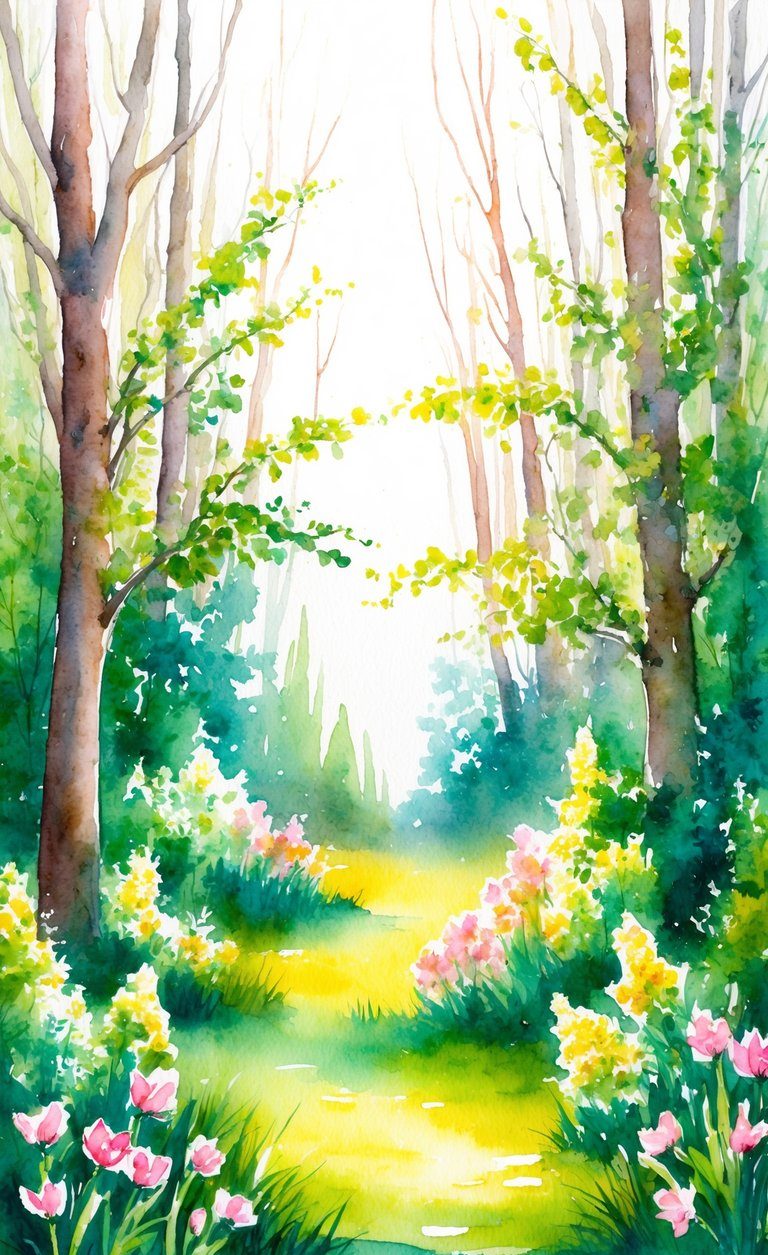 Watercolor painting of a sunlit forest path bordered by green trees and blooming pink and yellow flowers, with light streaming through the foliage.
