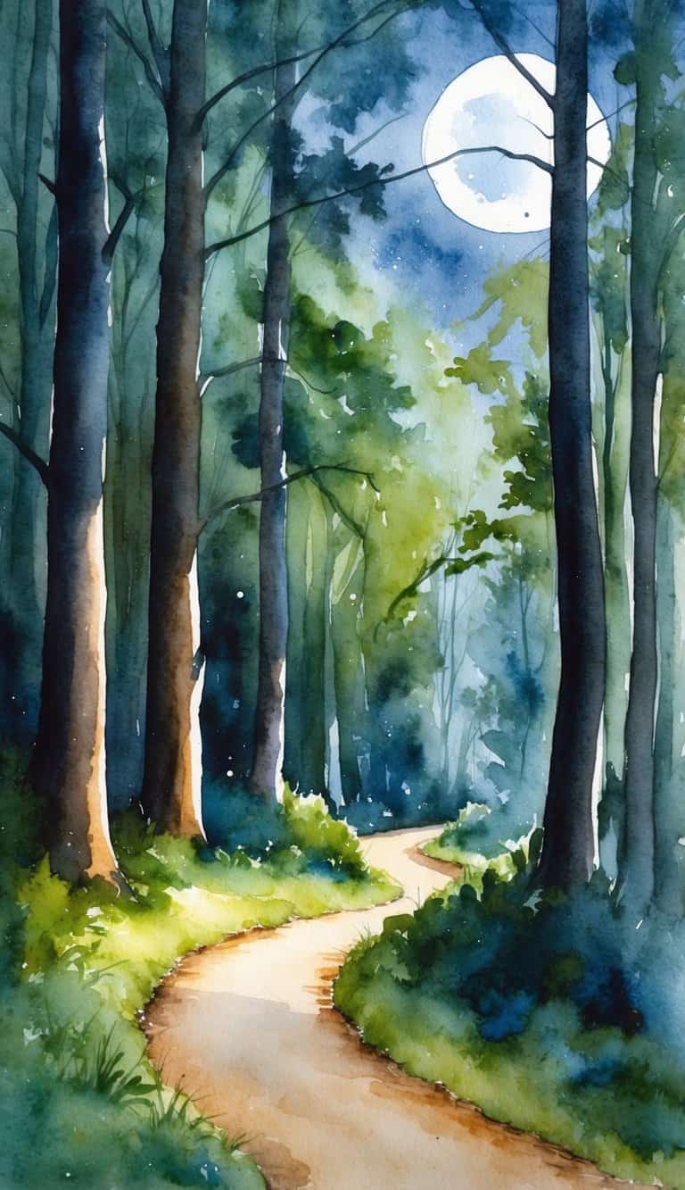 A winding forest trail illuminated by moonlight, casting shadows and highlights on the trees and foliage