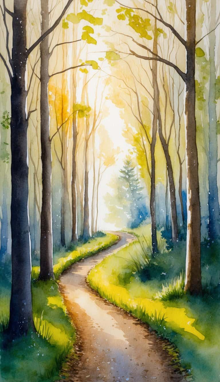 A narrow forest pathway winds through the trees, bathed in the soft, golden light of dawn. Dew glistens on the leaves and the air is filled with the sounds of awakening wildlife
