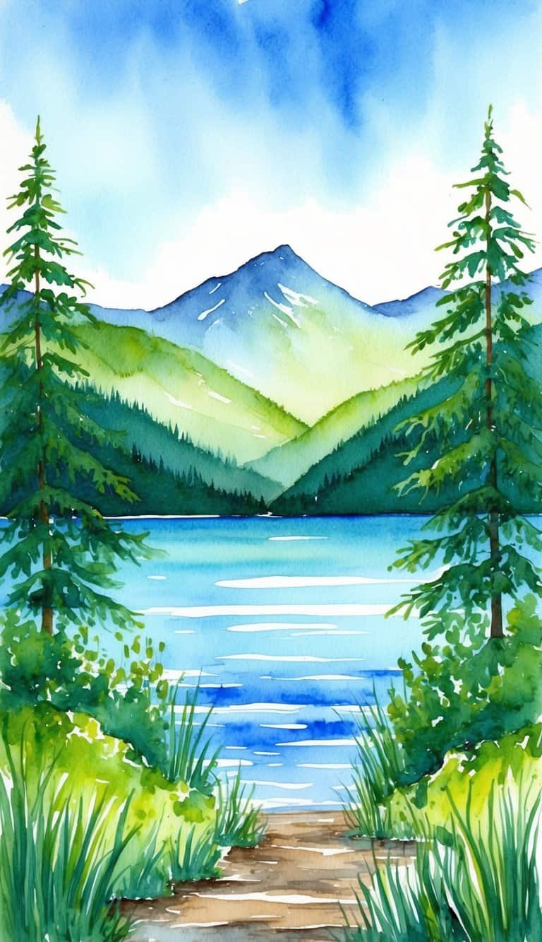 A serene lake surrounded by lush greenery and mountains under a clear blue sky