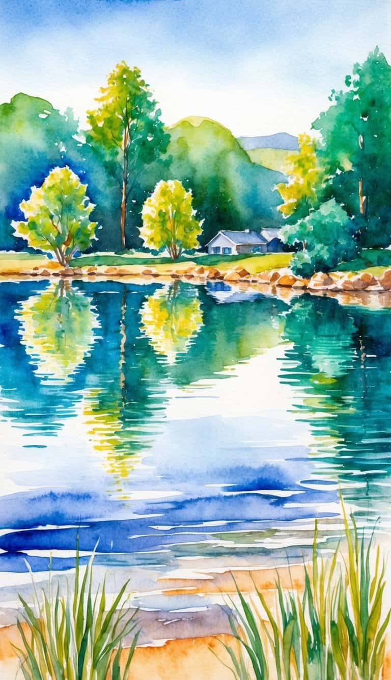 Watercolor lake iPhone wallpaper featuring a small house, bright trees, and vivid water reflections near a sandy shore.