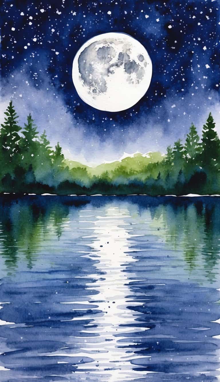 Dreamy watercolor iPhone wallpaper showing a glowing moon over a forest lake with sparkling stars and deep blue tones.