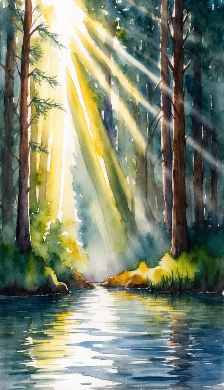 Watercolor lake iPhone wallpaper showing sunlight shining through pine trees onto a calm forest lake.