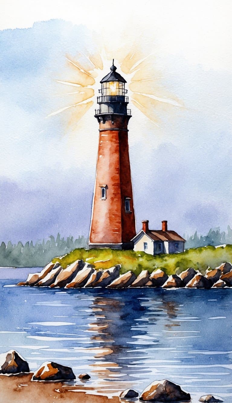 Watercolor lake iPhone wallpaper of a tall lighthouse with light beams, coastal rocks, and still water.