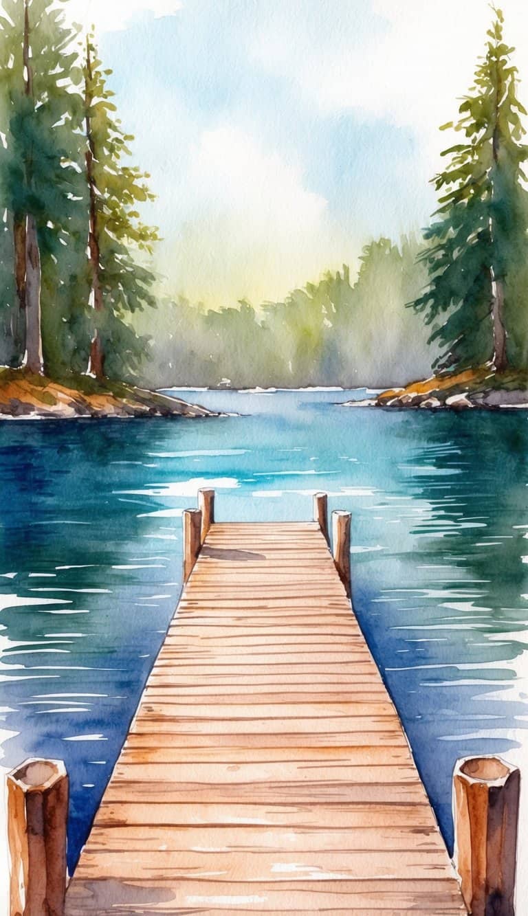Watercolor lake iPhone wallpaper with a dock over calm water, pine trees, and misty forest background.