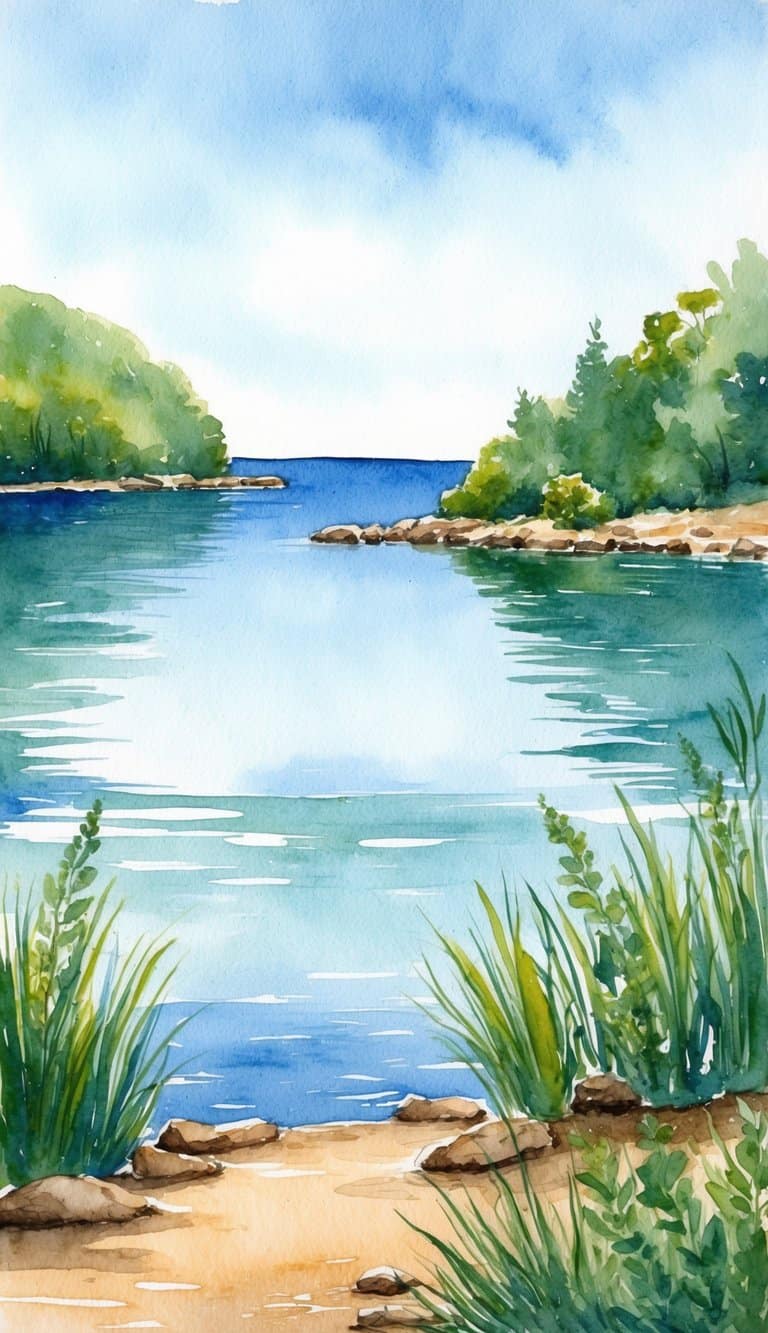Watercolor lake iPhone wallpaper showing a sandy shore, green foliage, and tranquil blue water under a clear sky.