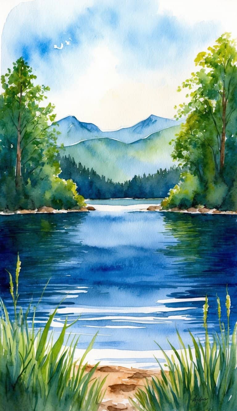 Lake iPhone wallpaper featuring tall grass, deep blue water, and layered green mountains in a soft watercolor style.