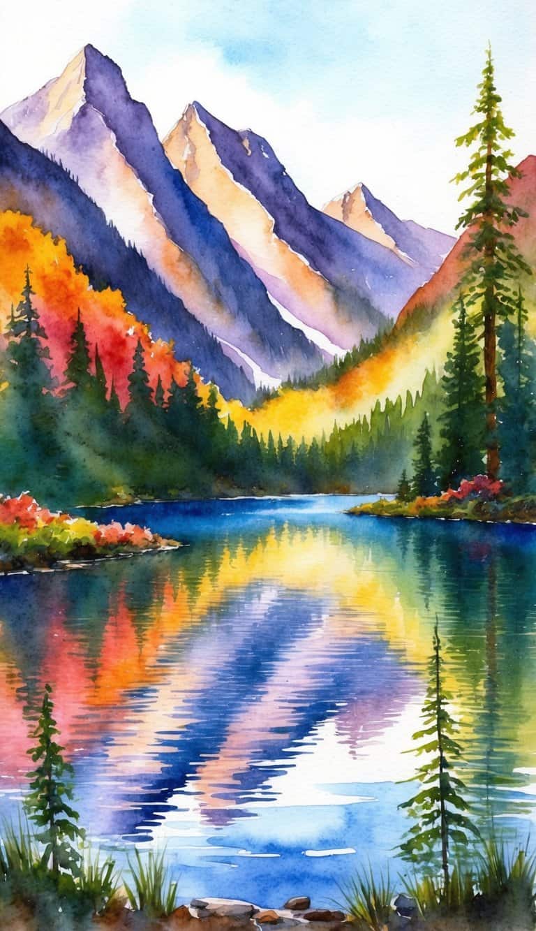 A serene mountain lake nestled among towering peaks, reflecting the vibrant colors of the surrounding foliage