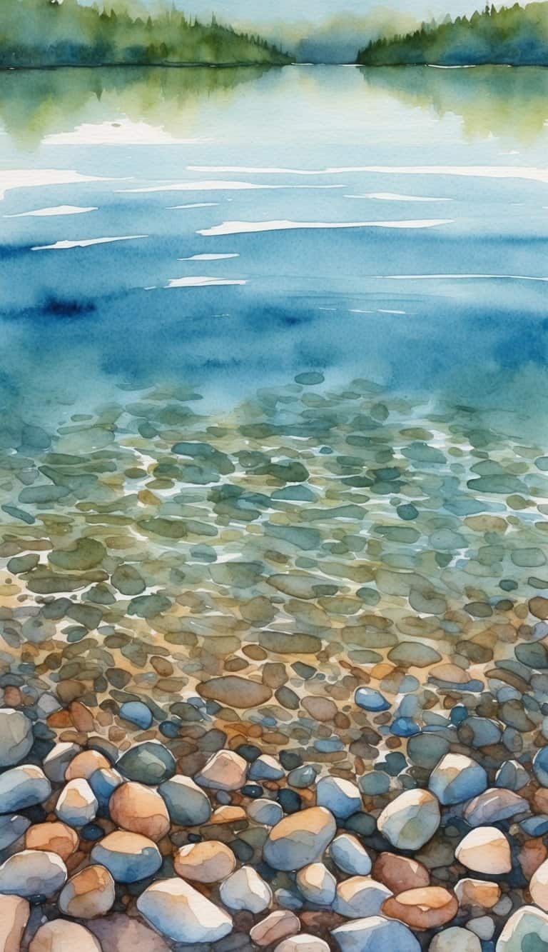 Clear water with pebbles at the bottom of a serene lake