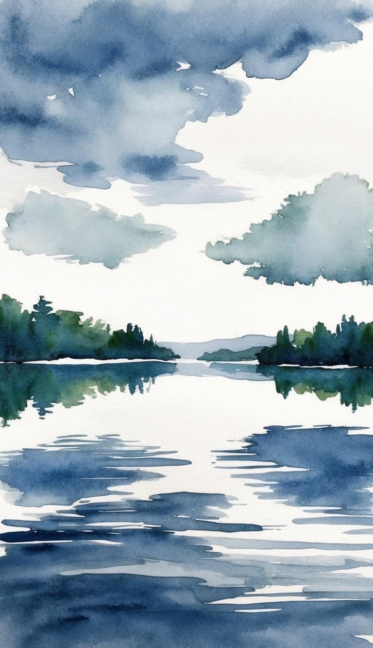 Watercolor lake iPhone wallpaper with cloud reflections and calm waters surrounded by dark green tree silhouettes.