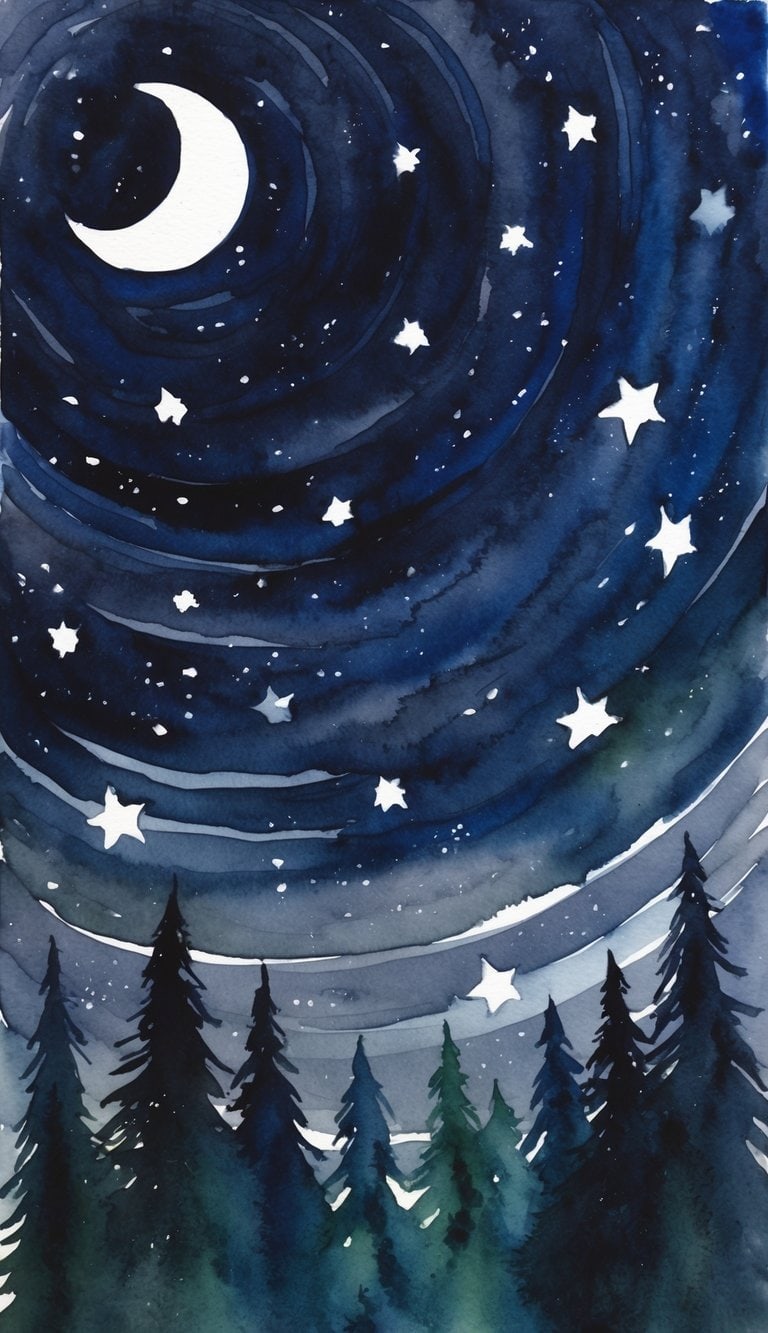 A dark, serene night sky filled with swirling stars and a crescent moon