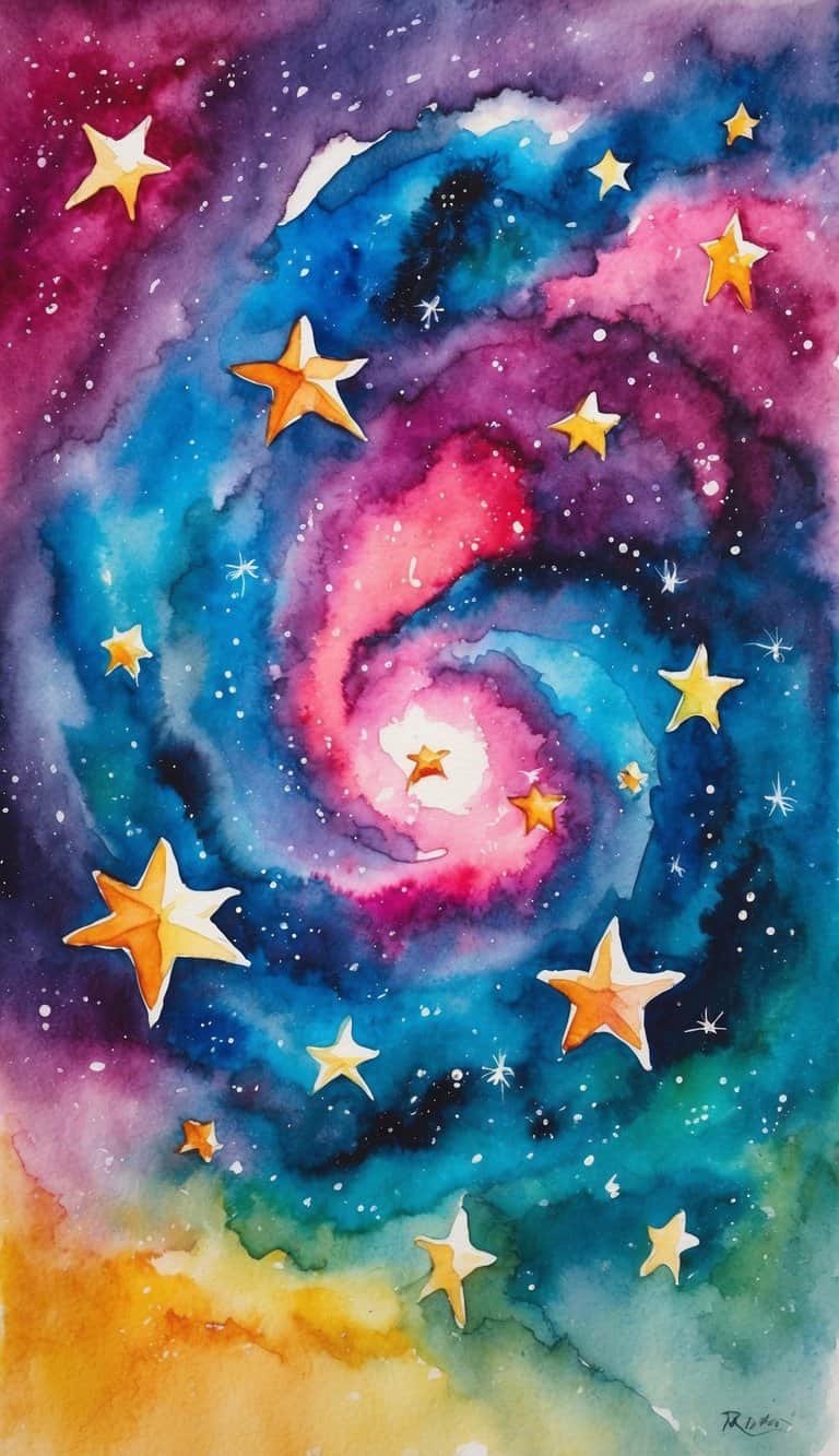 A swirling cosmic nebula with 50 stars in vibrant colors