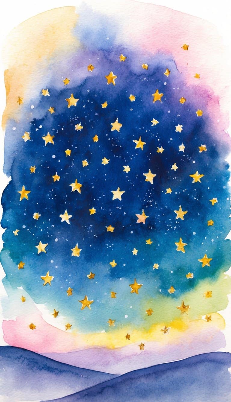A serene night sky with 50 twinkling stars, set against a dreamy backdrop of pastel colors