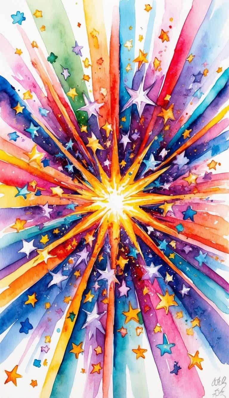 A vibrant explosion of colorful stars bursting from a central point, radiating outwards in all directions