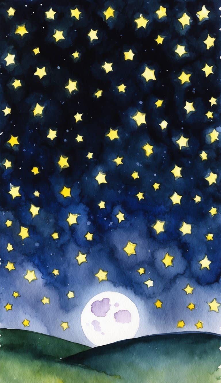 A dark sky filled with 50 glowing stars, casting a lunar radiance over the landscape