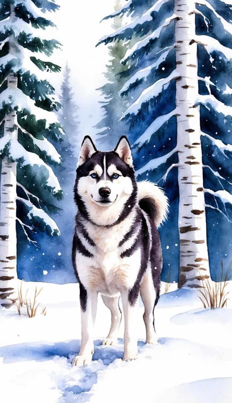 A husky stands in a snowy landscape, surrounded by tall snow-covered trees, with a serene and peaceful expression on its face