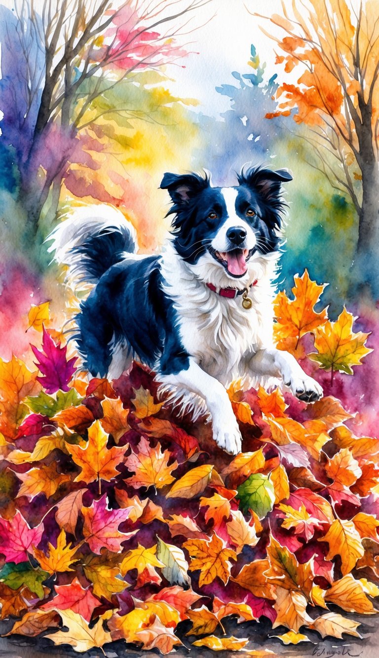 A black and white dog with a collar stands in a pile of colorful autumn leaves, with trees displaying fall foliage in the background.