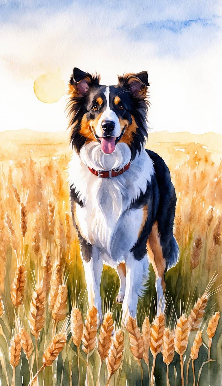 A collie stands proudly in a golden wheat field, with the sun casting a warm glow on its fur