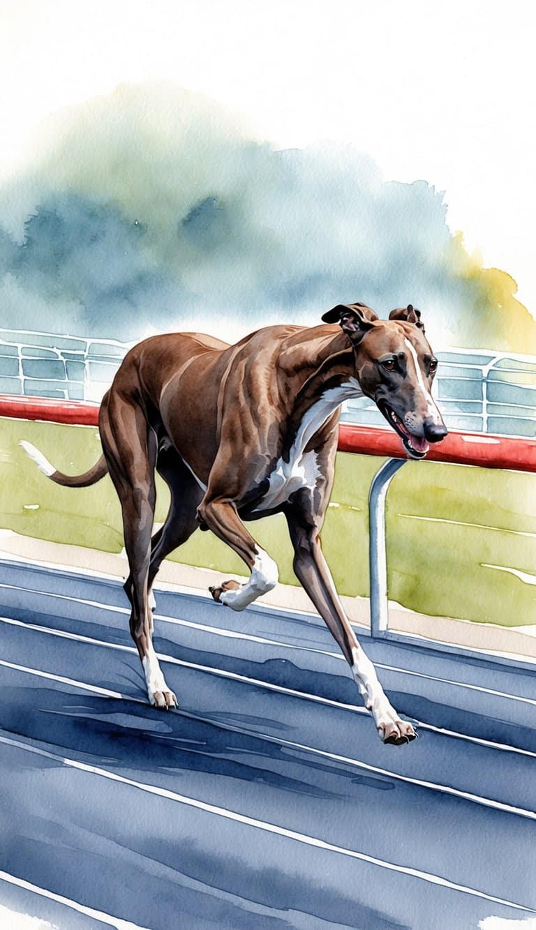 A sleek greyhound sprints around the track, its powerful muscles rippling as it races towards the finish line